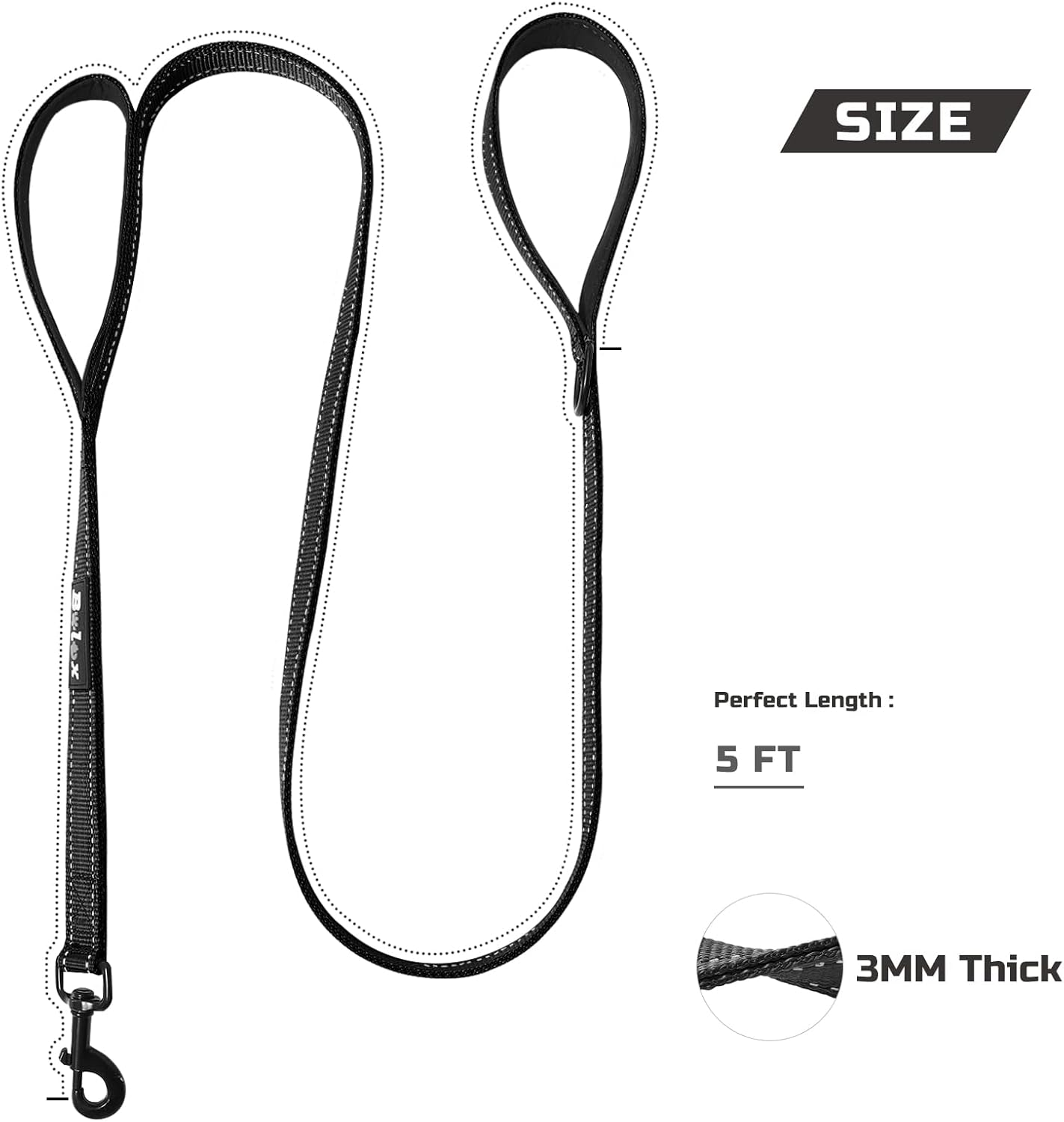 Bolux 5Ft Dog Leash, Heavy Duty Rope Leash with 2 Padded Handle – Pet Training Lead with 3M Reflective Double Handle for Traffic Control Safety, Perfect for Large Medium or Small Dog (Black)