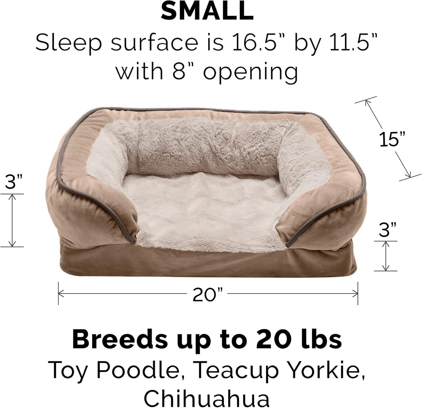 Furhaven Memory Foam Dog Bed for Small Dogs W/ Removable Bolsters & Washable Cover, for Dogs up to 20 Lbs - Plush & Velvet Waves Perfect Comfort Sofa - Brownstone, Small