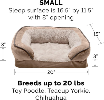Furhaven Memory Foam Dog Bed for Small Dogs W/ Removable Bolsters & Washable Cover, for Dogs up to 20 Lbs - Plush & Velvet Waves Perfect Comfort Sofa - Brownstone, Small