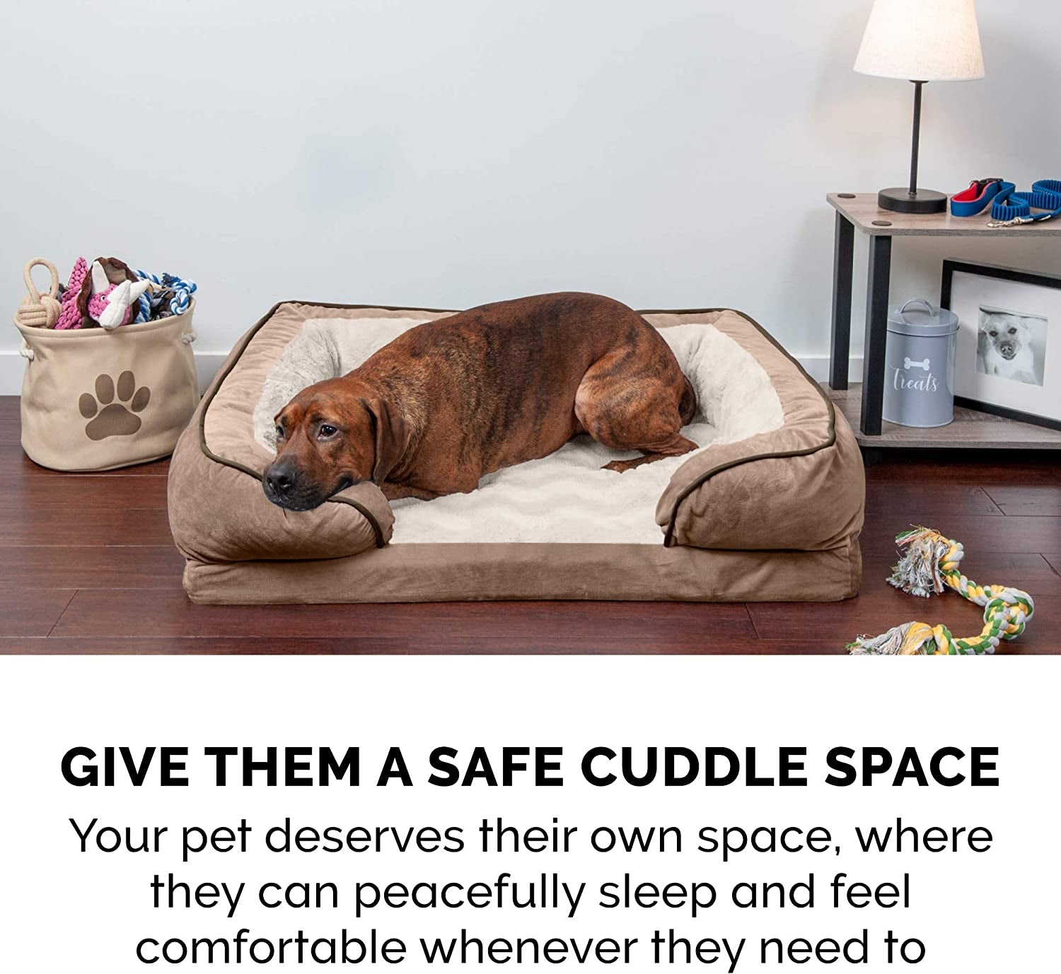 Furhaven Memory Foam Dog Bed for Small Dogs W/ Removable Bolsters & Washable Cover, for Dogs up to 20 Lbs - Plush & Velvet Waves Perfect Comfort Sofa - Brownstone, Small