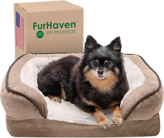 Furhaven Memory Foam Dog Bed for Small Dogs W/ Removable Bolsters & Washable Cover, for Dogs up to 20 Lbs - Plush & Velvet Waves Perfect Comfort Sofa - Brownstone, Small
